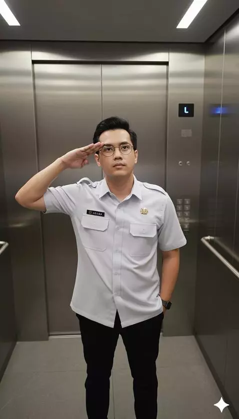 AI Video from prompt: Buat pria ini mundur ke belakang sambil hormat