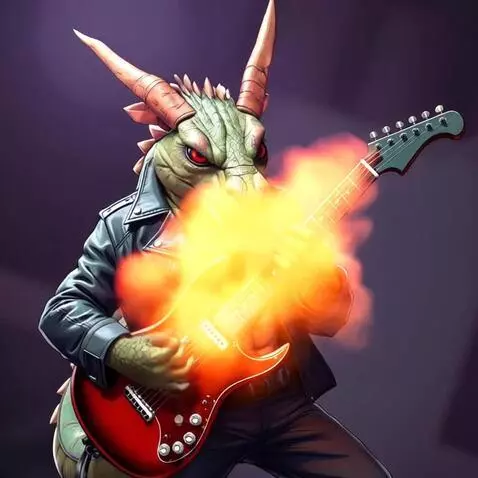 AI Video from prompt: A dragon plays an electric guitar and exhales fl