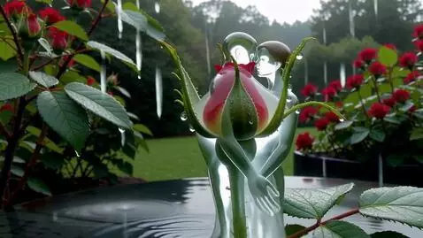 AI Video from prompt: Дождь. капля воды падает на бутон розы и из двух