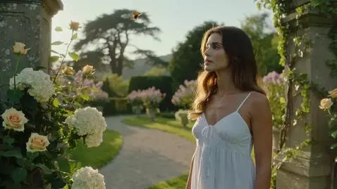 AI Video from prompt: In a garden. In the foreground, a brunette girl 