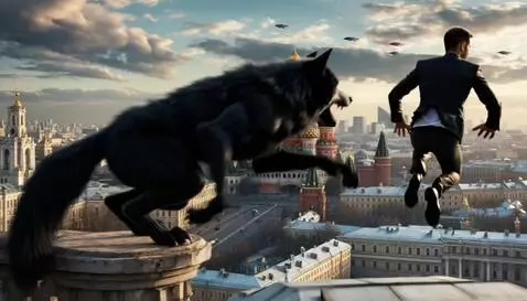 AI Video from prompt: The man and black werewolf jump on the flying pl
