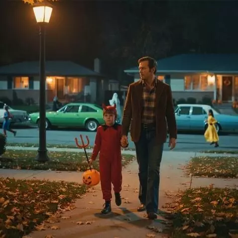 AI Video from prompt: A father and son are out on Halloween night walk