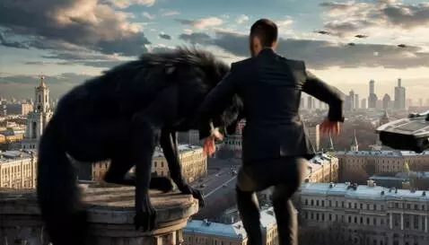 AI Video from prompt: The man and black werewolf jump on the flying pl