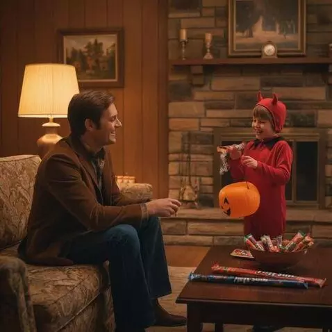 AI Video from prompt: A father hands his son a Pixy Trix treat. His so