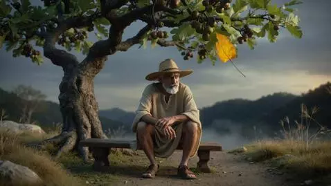 AI Video from prompt: An elderly, confused fisherman sitting on a wood