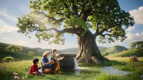 AI Video from prompt: The gigantic fig tree is now vibrant and lush wi