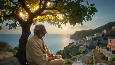 AI Video from prompt: Emir, now older and wiser  sits peacefully under