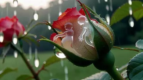 AI Video from prompt: Дождь. капля воды падает на бутон розы и из двух