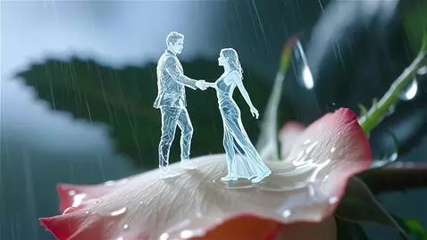 AI Video from prompt: Дождь. капли воды падают на крупный бутон розы и