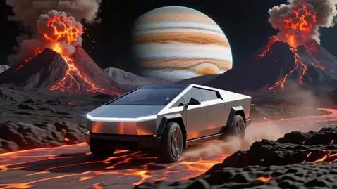 AI Video from prompt: A Tesla Cybertruck speeds through lava-filled te