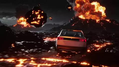 AI Video from prompt: A Tesla Cybertruck races through lava-filled ter