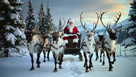 AI Video from prompt: Santa Claus rides through a winter forest in a s