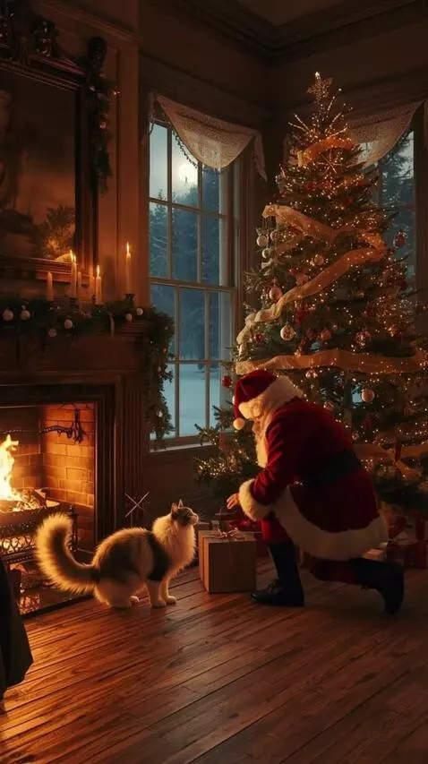 AI Video from prompt: Santa Claus stands up and warms his hands by the