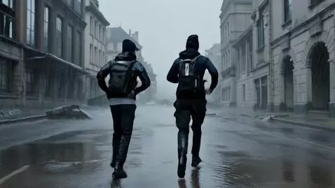 AI Video from prompt: Two young guys, dressed in black hiking clothes,