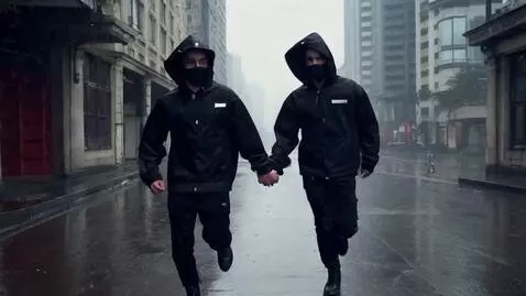 AI Video from prompt: Two young men, dressed in black hiking clothes, 