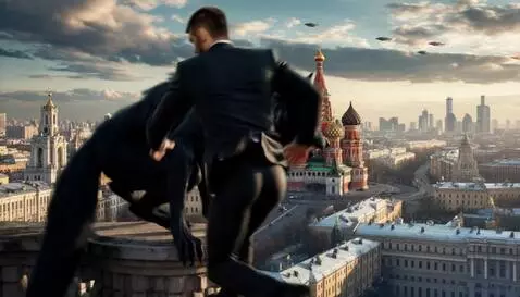 AI Video from prompt: The man and black werewolf jump on the flying pl