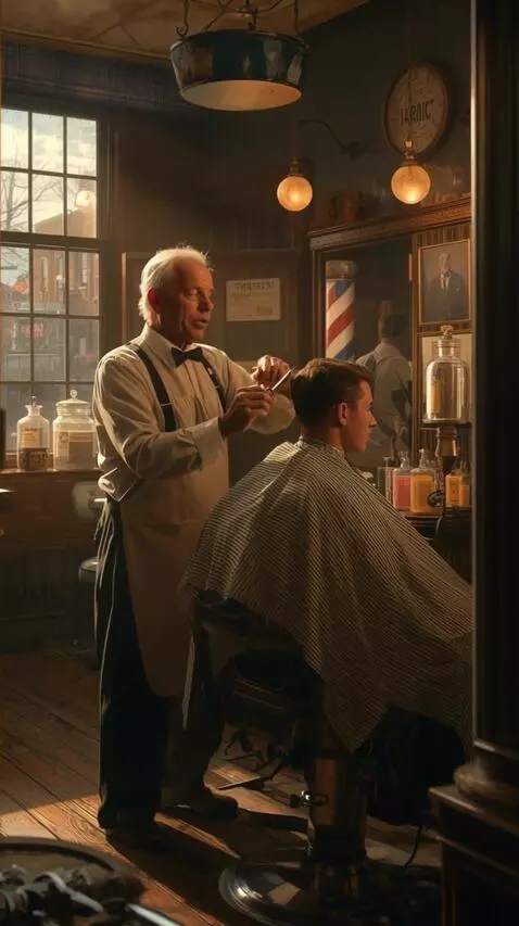 AI Video from prompt: A barber cuts a client's hair and tells him some
