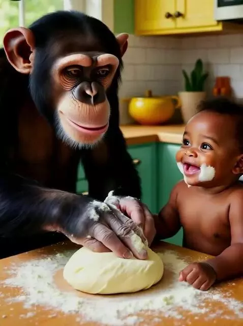 AI Video from prompt: Cimpanzeul frămantă coca,apoi pune putină faină 