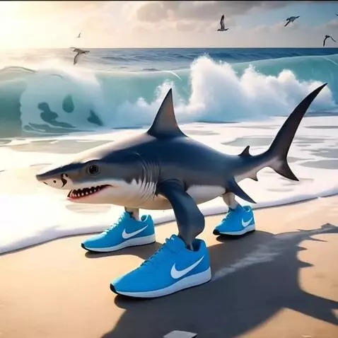 AI Video from prompt: A shark in sneakers rides a surfboard on the wav