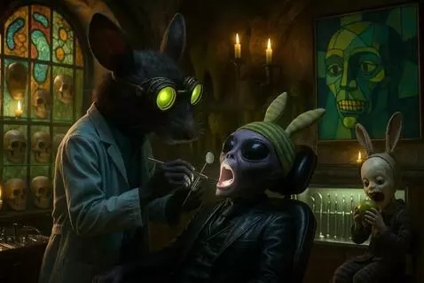 AI Video from prompt: Purple alien blinks while rat gently puts dental