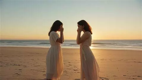 AI Video from prompt: На безлюдном песчаном пляже в золотой час стоят 