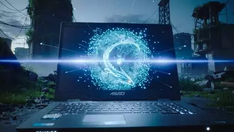 AI Video from prompt: В заброшенном кибер-городе одинокий ноутбук MSI 