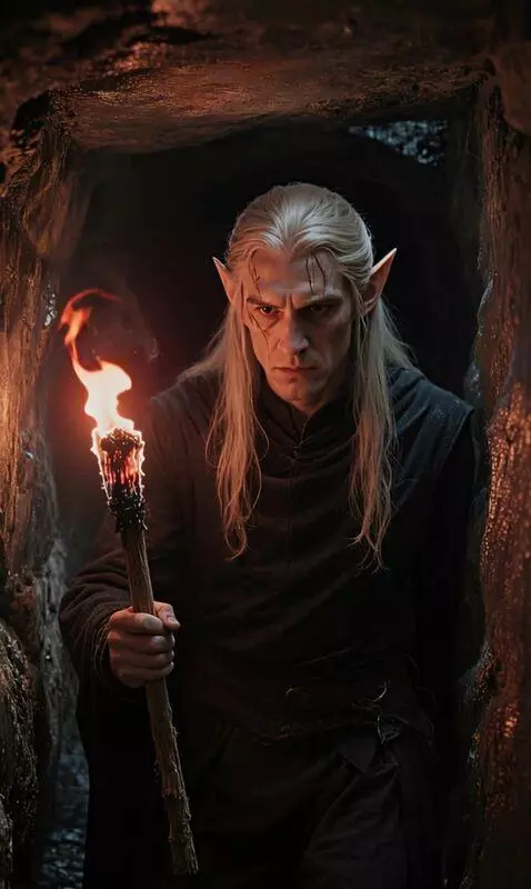 AI Video from prompt: Эльф с факелом в руках медленно идёт по подземно