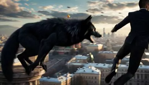 AI Video from prompt: The man and black werewolf jump to the nearby fl