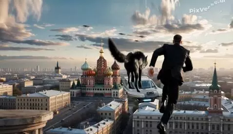 AI Video from prompt: The man and black werewolf jump to the nearby fl