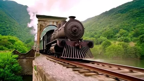 AI Video from prompt: По рельсам едет старый поезд на большой скорости