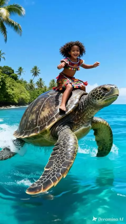 AI Video from prompt: The little girl joyfully rides a turtle, swimmin