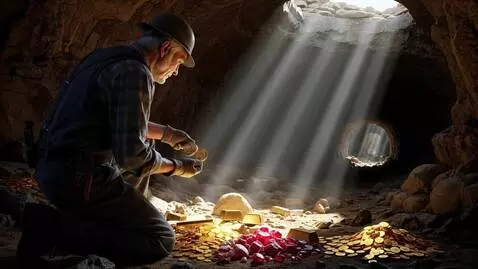 AI Video from prompt: Manden leder efter guldmønt med en berømt sørøve