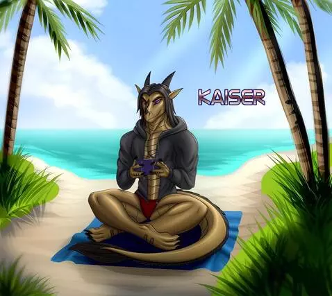 AI Video from prompt: dragon dude setting at the beach enjoying the ou