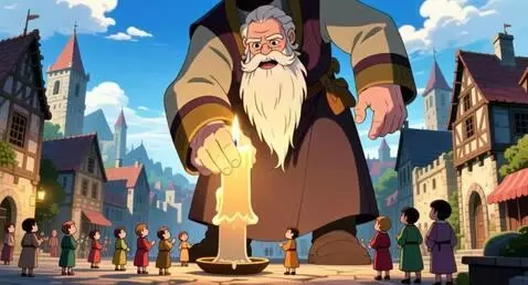 AI Video from prompt: Великан берет свеча и пятясь задом удаляется к г