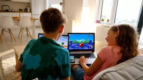 AI Video from prompt: Two kids are sitting on a cozy couch in a bright