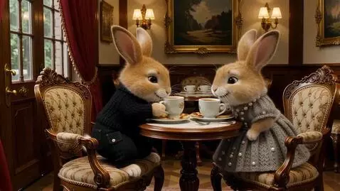 AI Video from prompt: Два милых пушистых светло-коричневых зайца на за