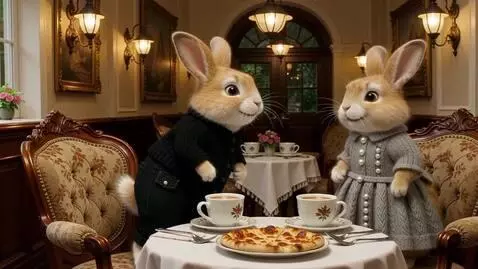 AI Video from prompt: Два милых пушистых светло-коричневых зайца на за