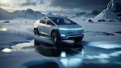 AI Video from prompt: Tesla Cybertruck, angular and metallic silver, s