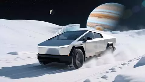 AI Video from prompt: A Tesla Cybertruck speeds through snow-covered t