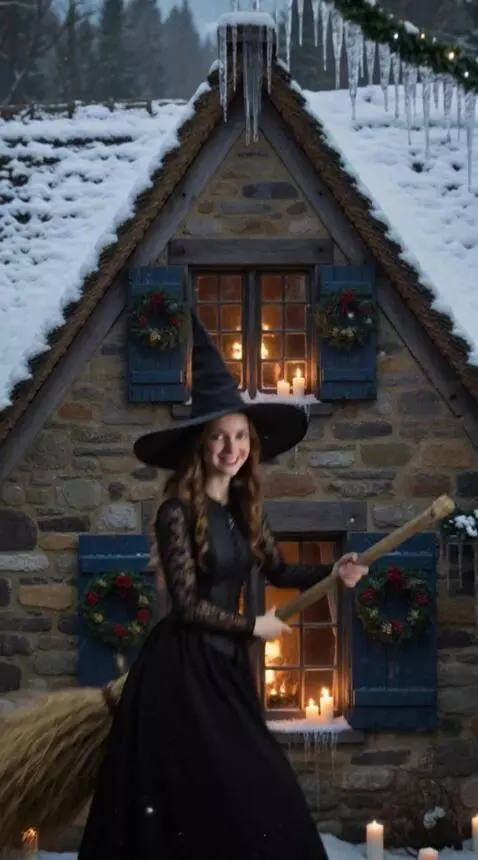 AI Video from prompt: The witch smiles, mounts her broom, and flies aw