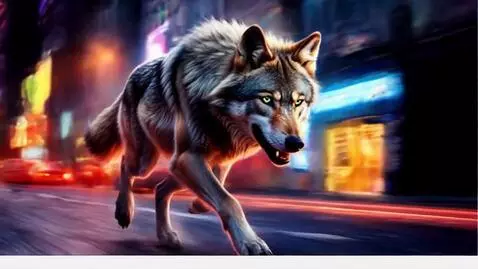 AI Video from prompt: Волк бежит быстро вперёд. Люди идут, машины едут