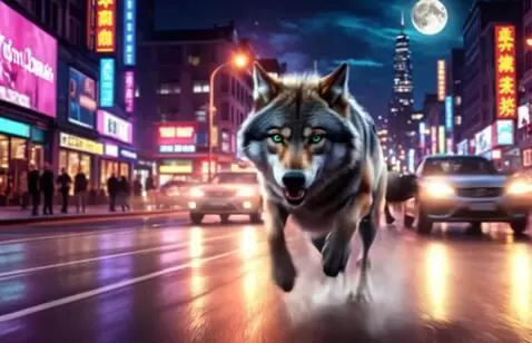 AI Video from prompt: Волк быстро бежит вперёд. Люди идут, машины едут