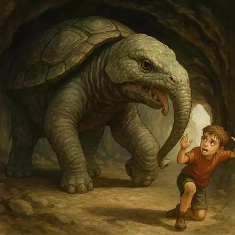 AI Video from prompt: A frightened young boy backs away on the cave fl