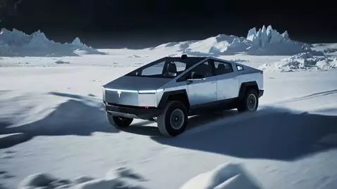 AI Video from prompt: In a futuristic scene, a sleek Tesla Cybertruck 