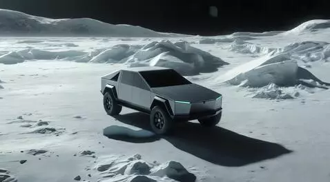 AI Video from prompt: In a futuristic scene, a sleek Tesla Cybertruck 