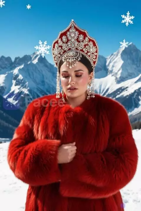 AI Video from prompt: Девушка в красной шубе идёт по снежной тропинке 