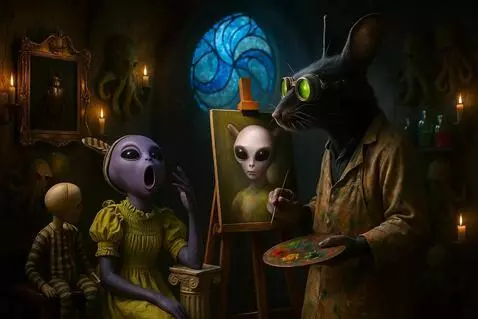 AI Video from prompt: Purple alien yawns slowly while rat paints a rab