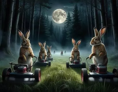 AI Video from prompt: зайцы подстригают траву газонокосилками вокруг