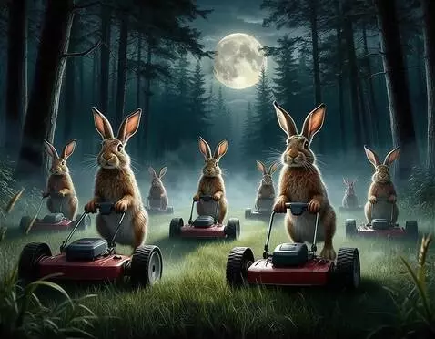 AI Video from prompt: зайцы подстригают траву газонокосилками вокруг