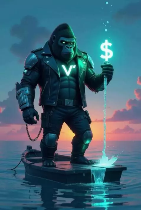 AI Video from prompt: A powerful cyberpunk gorilla stands on a small b